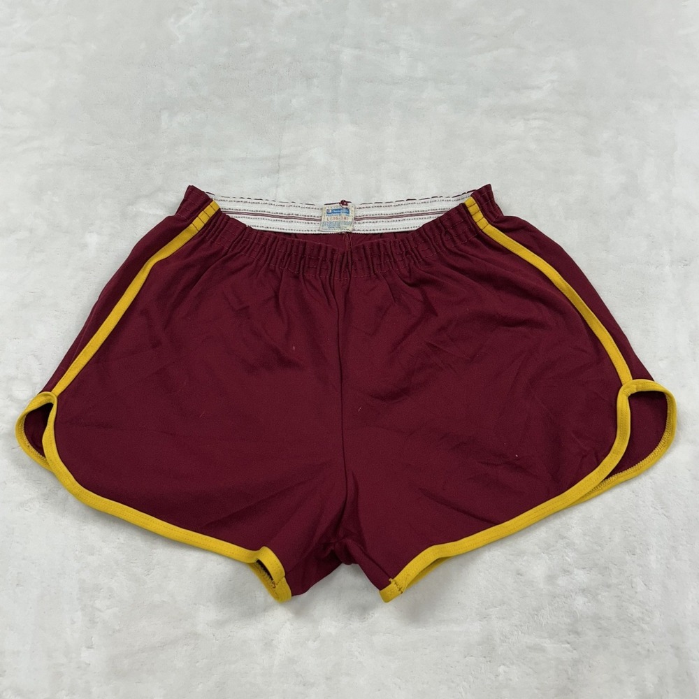 Champion Running Shorts Mens L Burgundy Yellow Vintage 70s 80s Nylon Gym Track